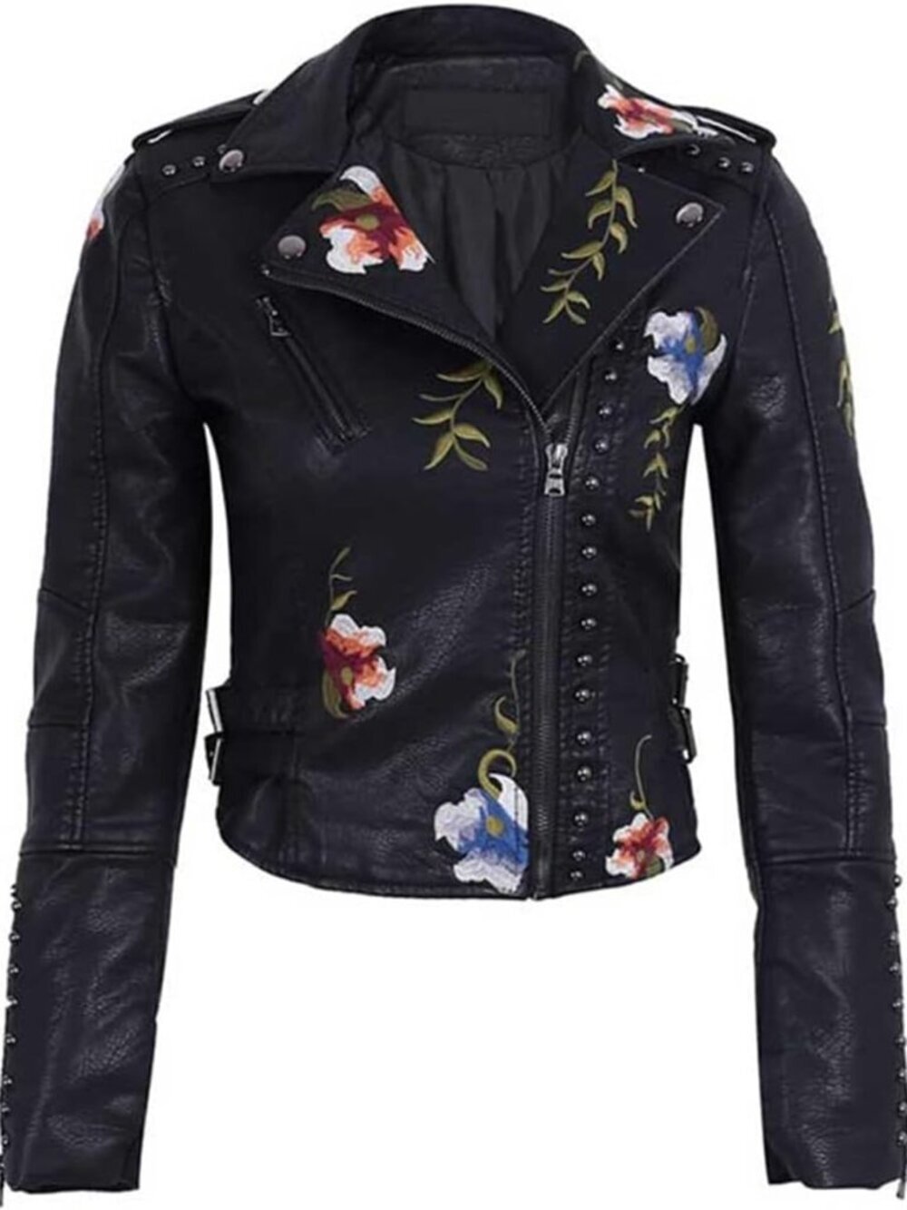 Women's Embroidered Studded Faux Leather Jacket Moto Punk Jacket Floral Coat